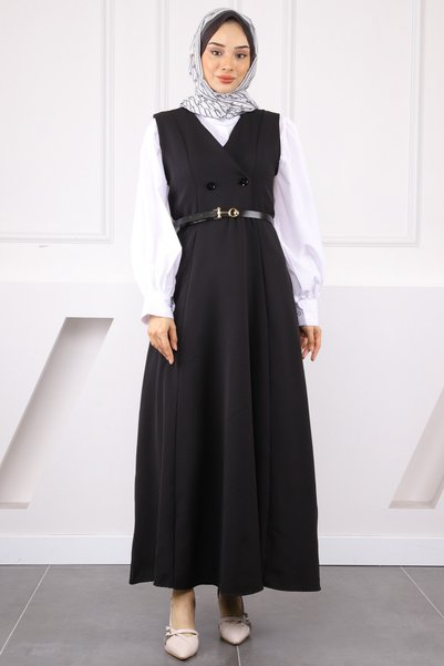 Black Buttoned Front Belted Gilet Dress