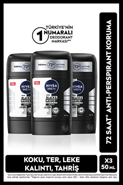 MEN машки стик дезодоранс Black&white Original 50ml, 72 часа антиперспирантна заштита, X3 парчиња