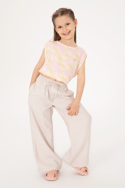 Girls Beige Loose Fit Modal Blend Canvas Trousers 50309120-Vr011