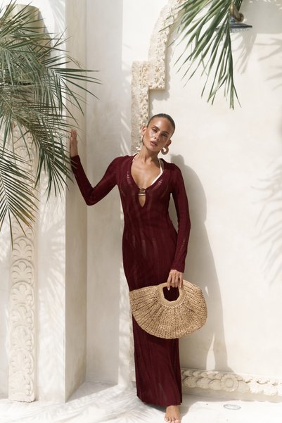 Anandra Bead Detail Burgundy Knitwear Long Dress