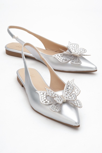Oriol Silver Skin Butterfly Stone Pointed Toe Open Back Women's Ballerina Shoes