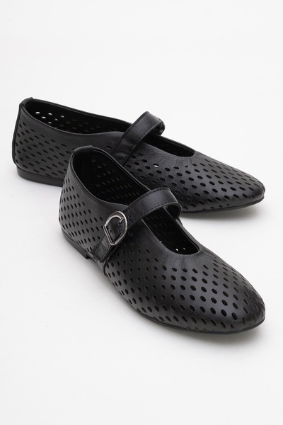 Ari̇an Black Skin Genuine Leather Perforated Women's Ballerina Shoes