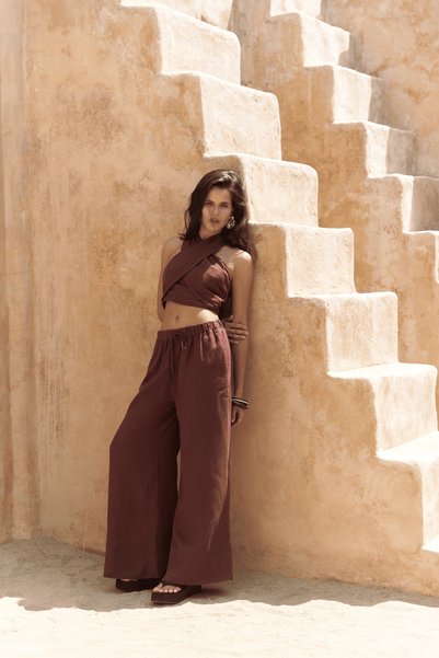 Moira Burgundy Linen Crop Trousers Set