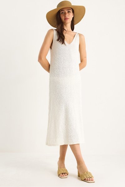 Women's Ecru V-Neck Strappy Summer Knitwear Dress 20251009