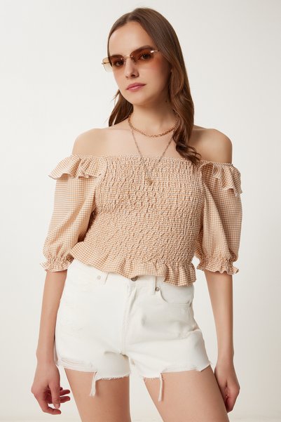 Women's Biscuit Check Stretchy Crop Woven Blouse Tp00070