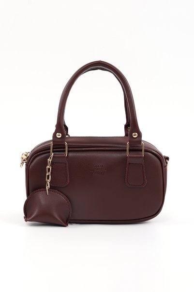 Burgundy Shk207 Faux Leather Charm Detailed Zippered Hand, Arm and Shoulder Bag with Strap