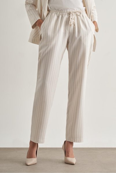 Striped Ecru Drawstring Comfortable Summer Trousers