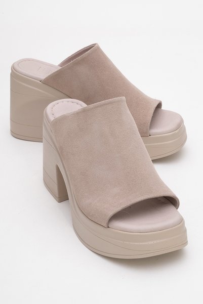 Nola Stone Suede Genuine Leather Women's Platform Heeled Slippers