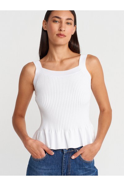 10775 Square Neck Strap Ruffled Knitwear Blouse-White