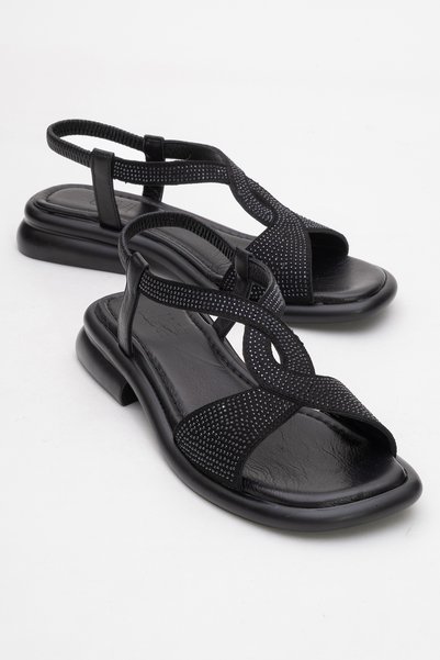 Aurora Black Genuine Leather Stone Women's Sandals