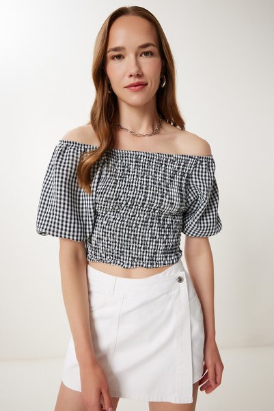 Women's Black Checkered Carmen Collar Stretchy Crop Linen Blouse Tp00079