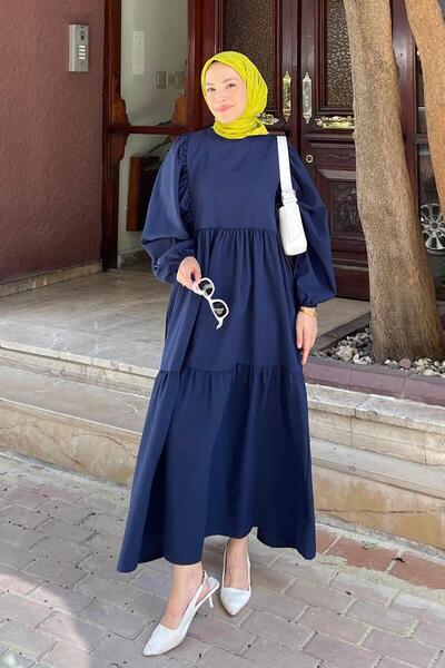 Balloon Sleeve Layered Summer Dress Navy Blue