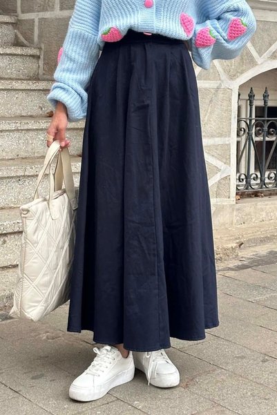 Pocket Detailed Flared Linen Skirt Navy Blue