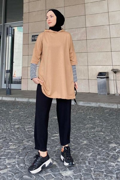 Hooded Sweatshirt with Stripe Detail on Sleeves Milky Coffee
