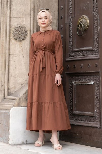 Half Button Detailed Terikoton Dress Brown