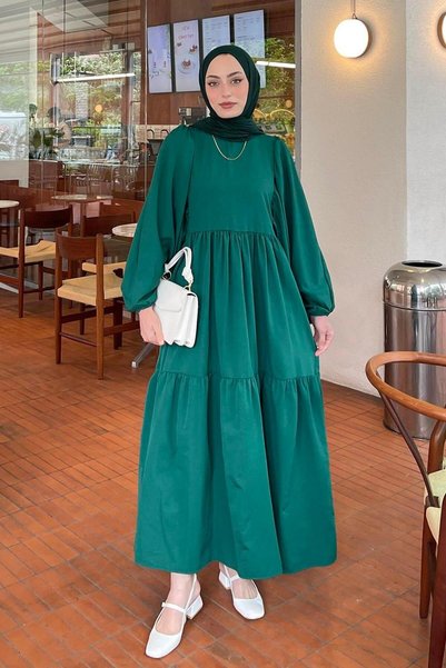 Balloon Sleeve Layered Summer Dress Emerald Green
