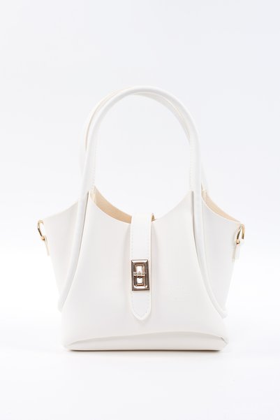 White Shk187 Faux Leather Hand, Arm and Shoulder Bag with Lock Detail and Adjustable Strap