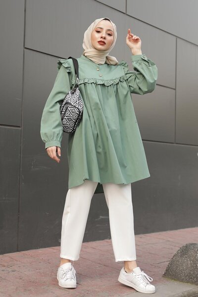 Mandarin Collar Front Pleated Tunic in Light Green