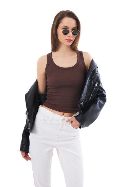 Brown Cotton Thick Strap Ribbed Women's Undershirt