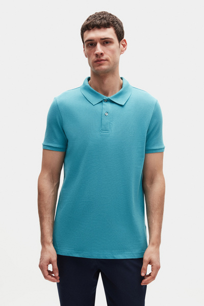 Ds Damat Regular Fit Turquoise 100% Cotton Long Lasting No Curl Polo Neck Embroidered T-Shirt