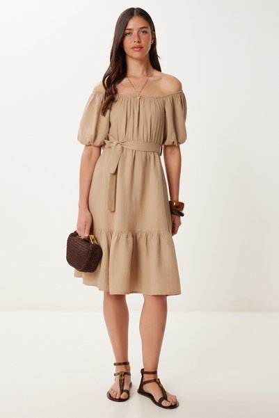 Women's Beige Flounced Summer Muslin Dress Mx00217