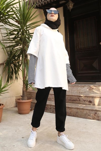 Sweatshirt with sleeve line detail Hooded white
