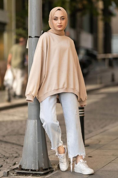 Balloon Sleeve Collar and Hem Cuffed Loose Sweatshirt in Milk Coffee Color