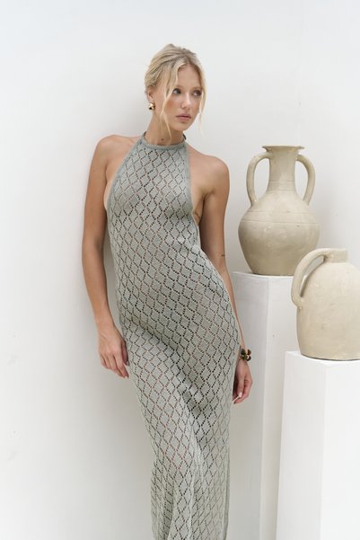 Yudha Backless Khaki Knitwear Long Dress