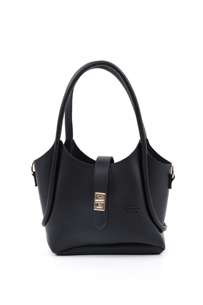 Black Shk187 Faux Leather Lock Detailed Adjustable Strap Hand, Arm and Shoulder Bag