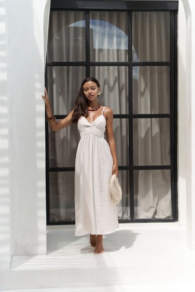 Alessia Long Beige Dress with Shirring Detail Straps