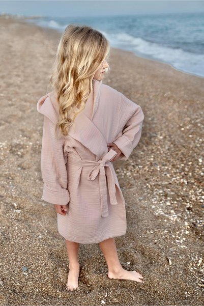 Double Layer Organic Muslin Children's Bathrobe 2-9 Years Powder Pink