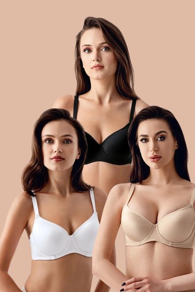 3 Pack Soft Covered Knitted Bra Without Padding C37900 Black/White/Skin