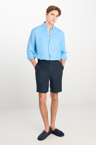 100% Linen Regular Fit Regular Cut Blue Shorts with Elastic Waist Detail