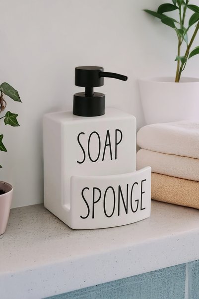 Bathroom Kitchen Countertop Liquid Soap Dispenser - Soap Dispenser with Sponge Holder Compartment