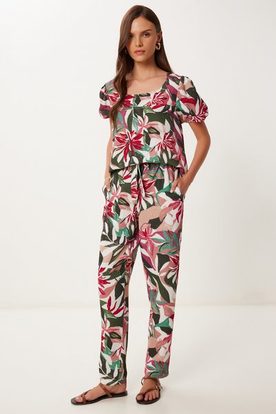 Women's Khaki Pink Patterned Linen Blouse Trousers Set Fi̇00001