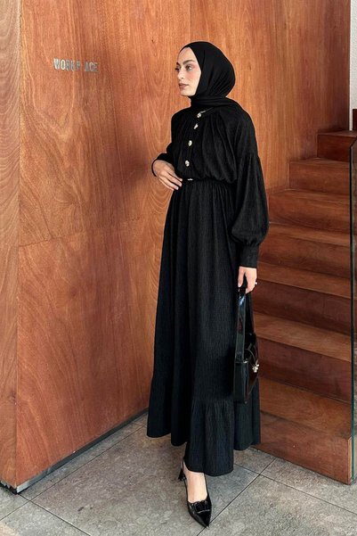 Gold button detailed crinkle dress black