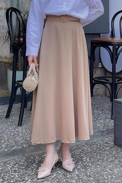 Belt Detailed Flared Skirt Milk Coffee Color