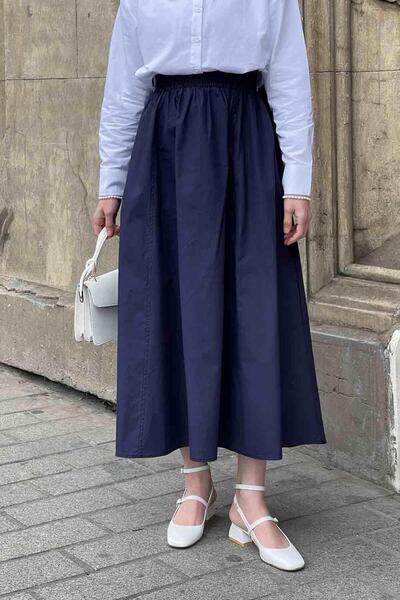 Pocket Detail Flared Linen Skirt Navy