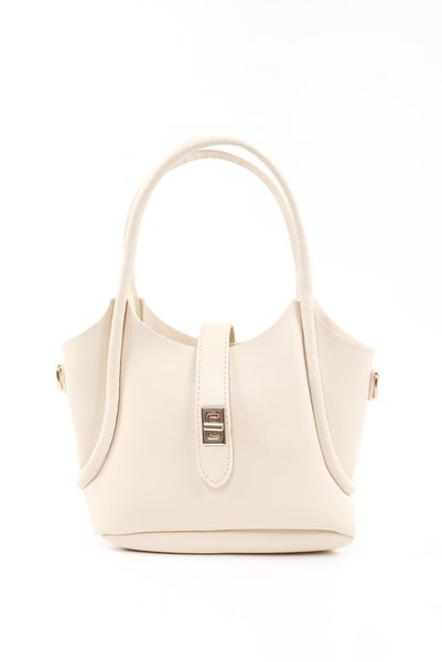 Cream Shk187 Faux Leather Lock Detailed Adjustable Strap Hand, Arm and Shoulder Bag