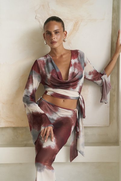 Pnaisyonist Long Sleeve Burgundy Crop Skirt Suit
