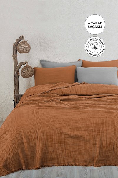 100% Cotton Muslin Bedspread Single 4 Layer Blanket 2 Piece Muslin Pique Set Orange
