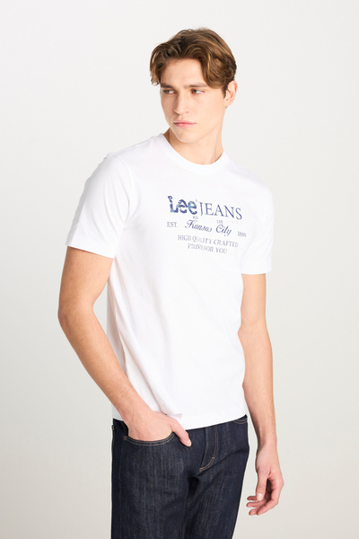 100% Cotton Regular Fit Regular Cut Crew Neck White Printed T-Shirt