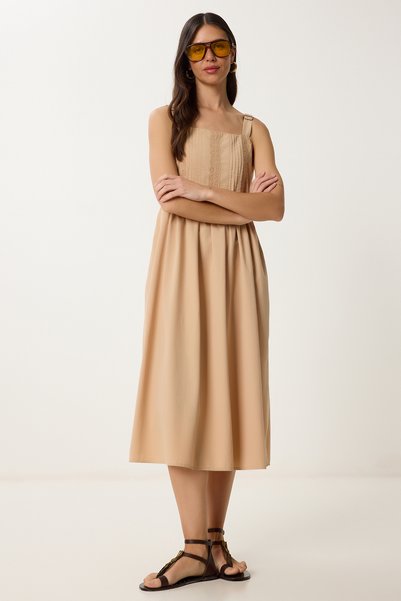 Strappy Rib Detailed Poplin Dress Beige Lrc0003