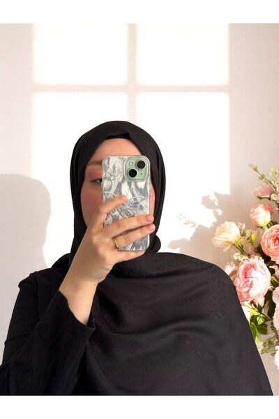 Papatya Serisi Çiçekli Desen Jakar Şal - Siyah