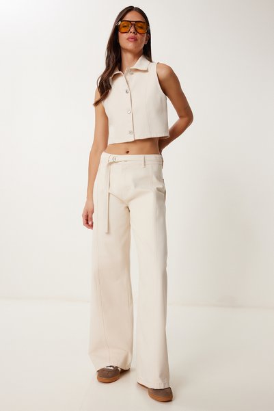 Denim Vest Pants Suit Cream Lok0012