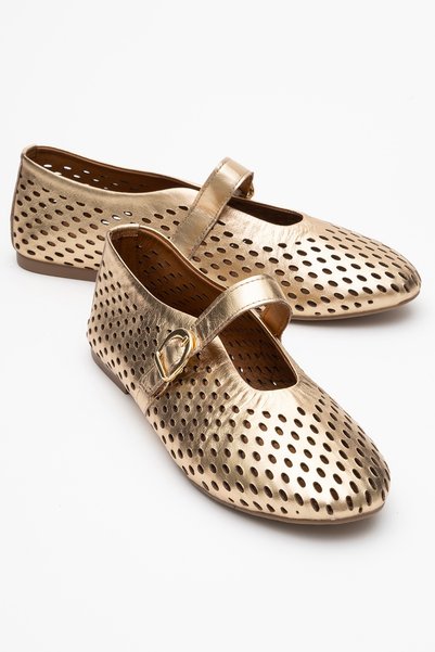 Ari̇an Gold Genuine Leather Perforated Women's Ballerina Shoes