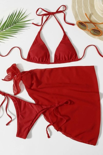 Pareolu Tie-Up 3-Piece Bikini Set (Removable Covered)