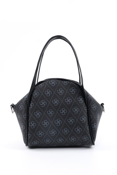Monogram Printed Black Shk132 Faux Leather, Zippered Single Compartment, Snap Detail, Strap Hand and Cross