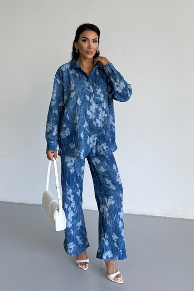 Women's Indigo Leaf Effect Crinkle Shirt Pants Bottom Top Set