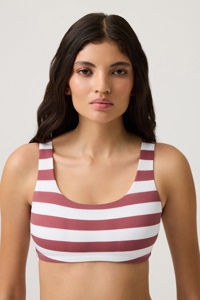 Burgundy-White Striped Square Neck Sports Bikini Top Sporty Top